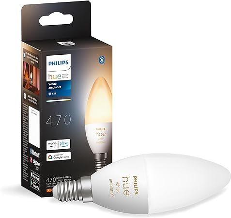 Philips Hue White Ambiance Smart Light Bulb [E14 Small Edison Screw] with Bluetooth. Works with Alexa, Google Assistant and Apple Homekit.