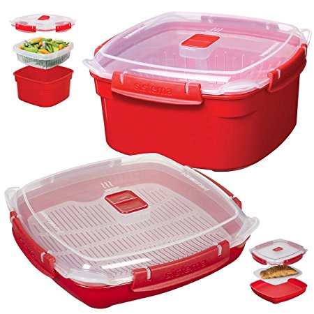 2 Red Sistema Klip It Microwave Steamer Food Storage Container Bowl Tray Vent Locking Lid