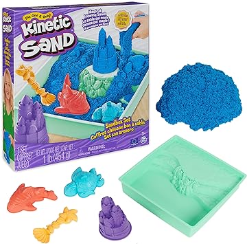 Kinetic Sand Sandbox Set, 1lb Blue Play Sand, Sandbox Storage, 4 Molds and Tools, Sensory Toys, for Kids Ages 3