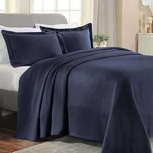 Superior 3 Piece Solitaire Cotton Bedspread Set, Home Bed Decor, Decorative Bed Spread, 2 Pillow Shams, Medium Weight Blanket, Matelasse Coverlet Bedding, Textured Quilted Pattern, Queen, Navy Blue