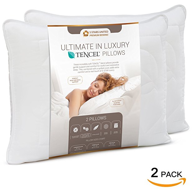 Luxury Tencel® Pillow for Sleeping - 100 Eco-Friendly Bedding Solution - Unique, Incredibly Soft Filling with Eucalyptus Extract- Extra Head and Neck Support. Truly Perfect - Queen Size (2-Pack)