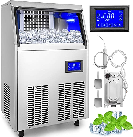 VEVOR 110V Commercial ice Maker 110-120LBS/24H with 33LBS Bin and Electric Water Drain Pump, Clear Cube, Stainless Steel Construction, Auto Operation, Include Water Filter 2 Scoops and Connection Hose