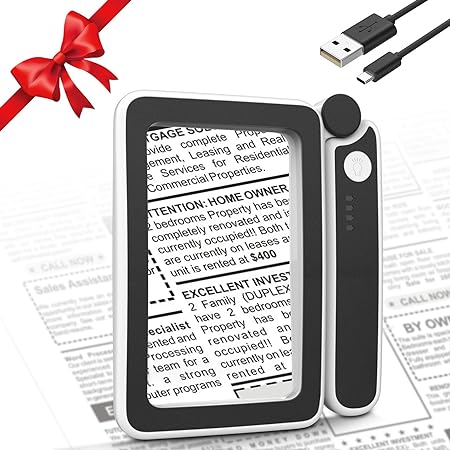 MoKo Magnifying Glass for Reading, Rechargeable 4X Full Page Book Magnifier, Magnifying Glass with Light 3 Modes, Folding Handheld Reading Magnifiers for Seniors Elderly Low Visions,Black