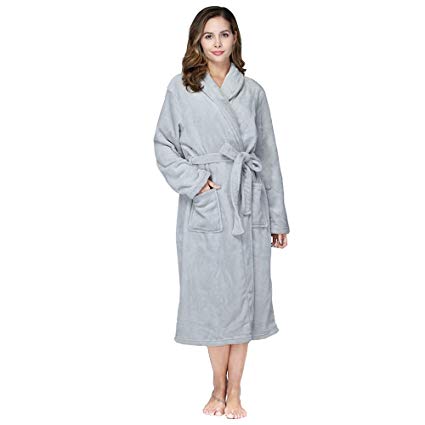 RONGTAI Women‘s Shawl Collar Bathrobe，Flannel Plush Long Kimono Pajamas Robe