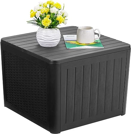 Qily Small Storage Deck Box Outdoor Waterproof, Garden Coffee Table Toy Storage Box 35 Gal, Portable Side Table Durable Patio Coffee Table Seat for Furniture Cover, Tool, Easy to Install (Black)