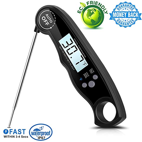 Digital Food Thermometer,Sunandy Cooking Instant Fast Read Electronic Meat Thermometer with Probe for Kitchen Outdoor Cook, BBQ, Poultry, Grill Food, Waterproof & Auto On/Off[Battery Included] (Black)