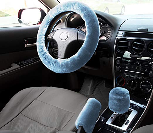 Zone Tech Non-Slip Car Decoration Steering Wheel Handbrake Gear Shift Plush Cover (Blue)