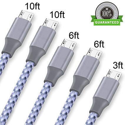 ONSON Micro USB Cable,5Pack 3FT 2X6FT 2X10FT Long Premium Nylon Braided Android Charger USB to Micro USB Charging Cable Samsung Charger Cord for Samsung Galaxy S7 Edge/S7/S6/S4/S3,Note 5/4/3-Gray