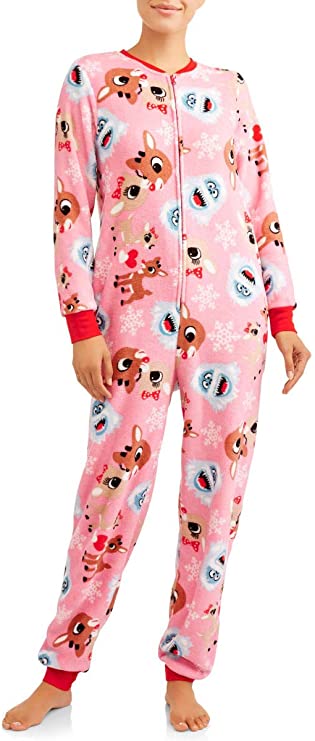Rudolph Womens Plush Pink Reindeer Drop Seat Christmas Union Suit Pajamas