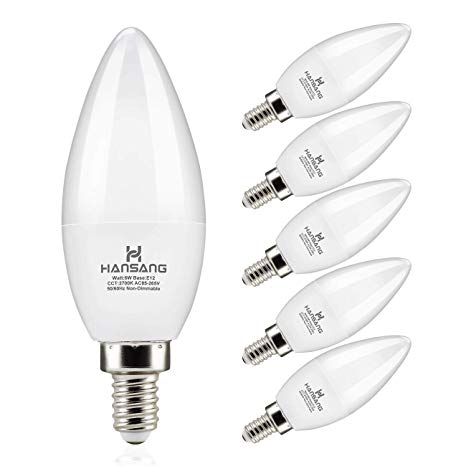 Hansang LED Candelabra Bulbs 6 Watt,White 2700K，60 Watt Equivalent, Candle Bulb Base E12 for Chandelier 600lm RA&gt;83 B11 CeIling Fan Bulb Non-Dimmable(6Pack)