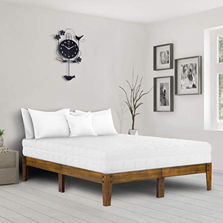 Ecos Living 14 Inch Modern Solid Wood Platform Bed, Wood Bed Frame, Classic, Natural Brown, Beds (King)