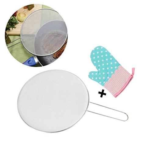 13” Stainless Steel Splatter Screen, PretiHom Frying Pan Cover Anti Grease Splash Scald Frying Pan Splatter Guard   1 PCS Microwave Anti-hot Glove (Blue) Cooking Tools