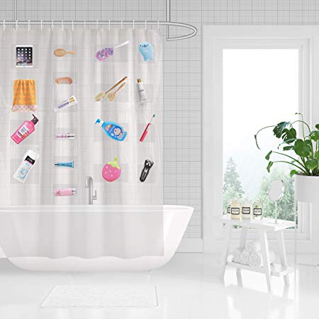 Anjee Transparent lining for shower curtain with 12 pockets | PEVA anti-mold waterproof bath curtains, perfect for organizing the bathroom, transparent, 183x183cm