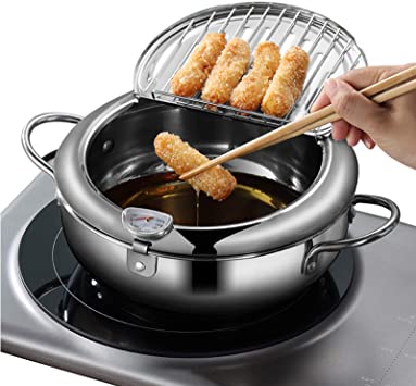 Deep Fryer Pot, Japanese Tempura Small Deep Fryer Stainless Steel Frying Pot With Thermometer,Lid And Oil Drip Drainer Rack for French Fries Shrimp Chicken Wings and Shrimp (24cm/9.4inch)
