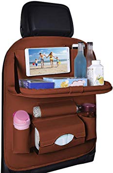 Patas Lague Car Seat Organizer with Foldable Table Tray, Pu Leather Back Seat Protector with Cup Holder, Travel Accessories Organizer (Brown)