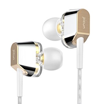 Picun In-ear Headphones Wired Earbuds with Microphone Dual Dynamic Drivers Earphones with Hifi Audio Strong Bass and Noise Reduction Volume Control Headset for Apple iOS and Android PC Tablet（Gold)