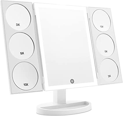 Mirrorvana XLarge Hollywood Style Trifold LED Lighted Makeup Mirror, Triple 10X/5X/3X Magnification, Bonus 2 meter USB cable (Upgraded 3-Color Lighting Model)