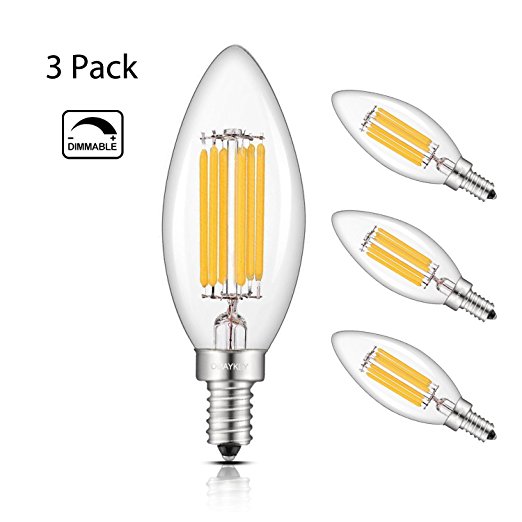 OMAYKEY LED Candelabra Bulbs 6W Dimmable, 60W Equivalent 600 Lumens 2700K Warm White, E12 Base C35 Candle Torpedo Shape, 360 Degrees Beam Angle, Pack of 3