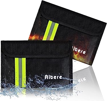 Aitere 2 Stück Feuerfeste Tasche (20,3cm x 12,7cm) Kleine Feuerfeste Geldtasche, Feuerfeste Brieftasche Bargeldschutztasche, Fiberglas Feuerfeste Wasserdicht Tasche für Rechnungen, Reisepass