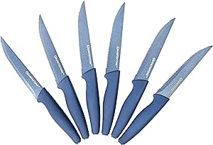 Granitestone Nutriblade Blue 6-Piece Steak Knives Set Stainless Steel Serrated Blades with Comfortable Handles– Dishwasher-safe Rust-proof Steak Knife As Seen On TV