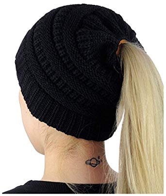 Odosalii Women Winter Trendy Knit Hat Stretch Bun Ponytail Beanie