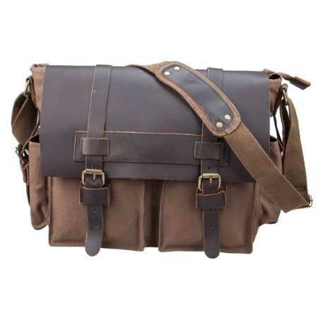 S-ZONE Retro Canvas Leather Messenger 13-inch Laptop Shoulder Bag