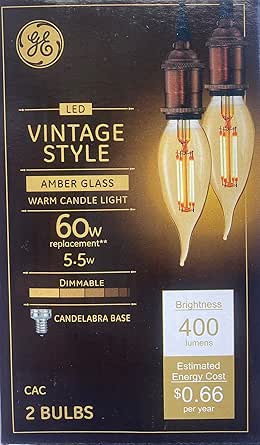 GE (2 Bulbs) Vintage Amber Glass LED Chandelier Bulb, Candelabra Base, 60 watt Equivalent, 400 lumens, Dimmable Decoractive LED Bulb