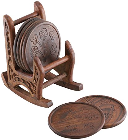 SouvNear 5 Inches Wood Drink Coasters Set with 6 Round Table Coasters and Brown Rocking Chair Coaster Holder - Christmas Holiday Decorations Gifts