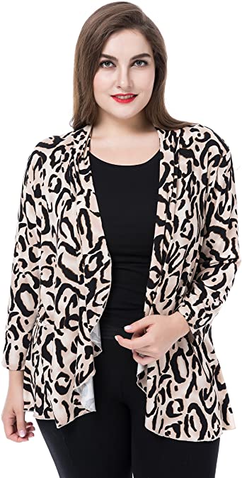 Chicwe Women's Plus Size Leopard Printed Casual Blazer Jacket - Waterfall Open Front