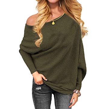 VOIANLIMO Women's Off Shoulder Knit Jumper Long Sleeve Pullover Baggy Solid Sweater