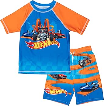 Hot Wheels UPF 50  Pullover Rash Guard and Swim Trunks Outfit Set Toddler to Big Kid