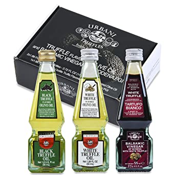 Truffle Oil Gift Box Trio: Black Truffle Oil, White Truffle Oil, White Truffle Balsamic Vinegar. Set of 3 Oils. 55ml - 1.86 Fl Oz Each.