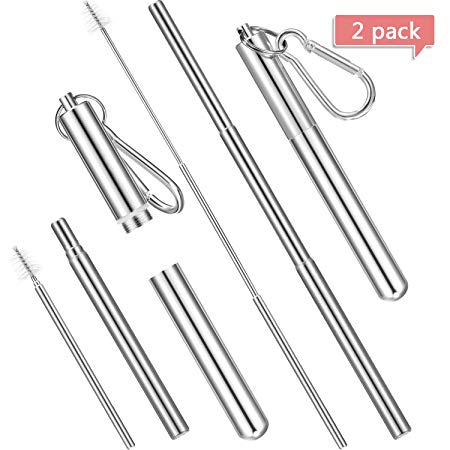 2 Set Portable Stainless Steel Straw Reusable Drinking Straws Telescopic Metal Straw with Cleaning Brush, Stainless Steel Carrying Case and Keychain