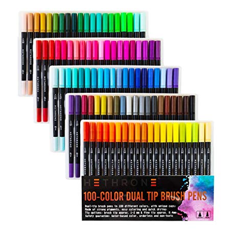 Hethrone 100-Color Dual Tip Brush Pens with Fine-Liner Tip 0.4, Dual Tip Marker Pens Water Based Ink for DIY Coloring Book, Sketching, Painting, Drawing, Manga Fashion Design(Black)