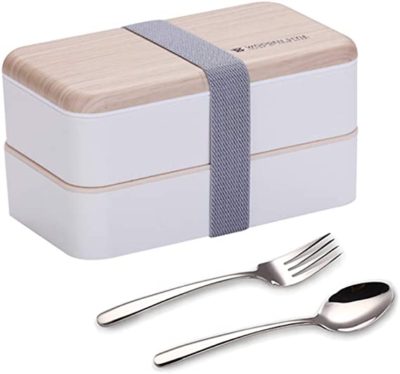 Original Bento Box Lunch Boxes Container Bundle Divider Japanese Style with Stainless Steel Utensils Spoon and Fork (White)