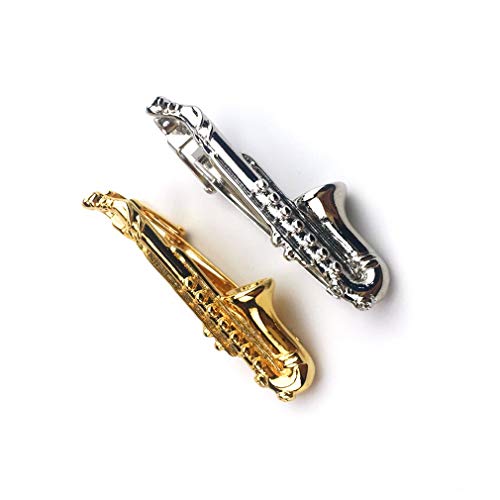 ZUNON Saxophone Tie Clips Sax Tie Bar Tacks Mens Silver Golden Tone Music Instrument Tie Clasps Musician Gifts