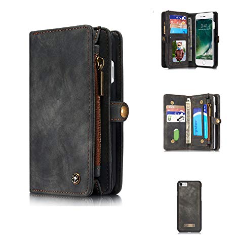Felidio iPhone 8 Wallet Case, Retro Leather Case Purse for iPhone 7 and iPhone 8 w Zipper Pockets Card Holder Magnetic Flip Case [2 in 1], Black