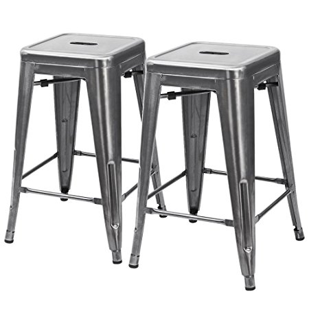 Furmax 24'' High Metal Stools Backless Silver Metal Bar Stools Indoor-Outdoor Use Counter Height Stackable Bar Stools(2 pack)