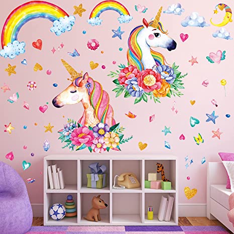 3 Sheets Unicorn Wall Decal Stickers Large Size Princess with Heart Rainbow Wall Stickers for Girls Kids Bedroom Nursery Birthday Party Favor