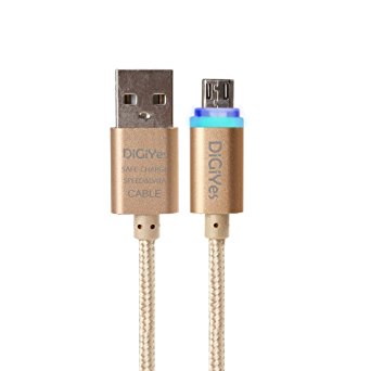 DiGiYes LED Light Up Micro USB Cable 1M/3Ft Nylon Braided Tangle-Free Sync Charging & Transmit Data Cord for Android, Samsung, HTC, Nokia, Sony and More Devices with Micro Interface (Gold）