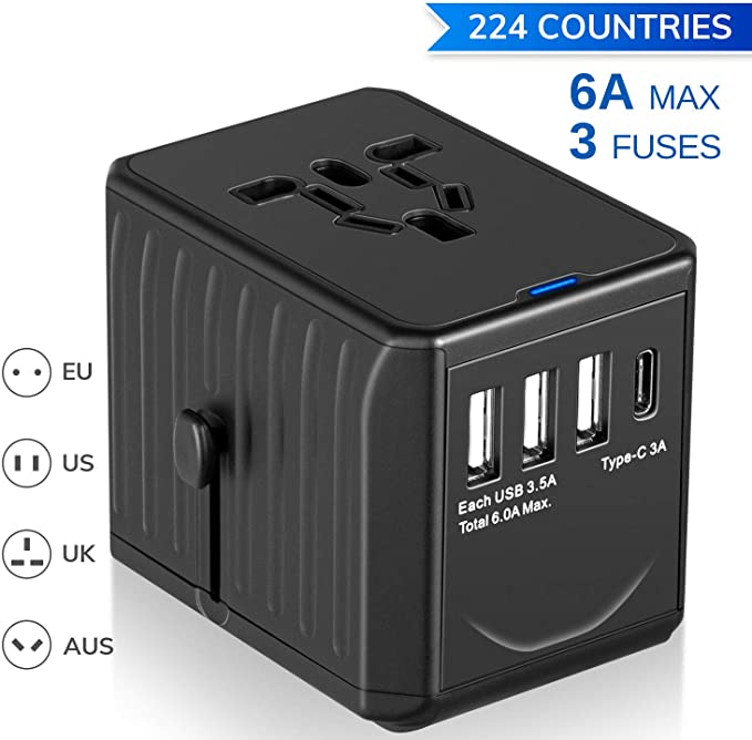 [Upgraded Version] Travel Plug Adapter, International All in One Power Adapter with 3 USB & 1 Type-C Ports, Triple Insurance 6A USB Output Quick Charge Wall Charger Suitable for 200  Countries