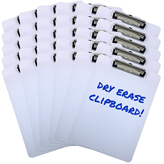 Clipboard Dry Erase Surface 9'' x 12.5'' Letter Size Low Profile Clip Whiteboard (Pack of 30)