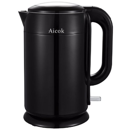 Aicok Stainless Steel Cordless Kettle Double Wall Electric Water Kettle, 1.7 Liter / 1.8 Quart, Black