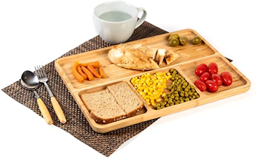 Bamboo portion platters (Set of 2), divided dinner platter for adults, food cubby plate divider, meal portion control plate, wooden plates for kids& adults, balanced meal plate, New Home essentials