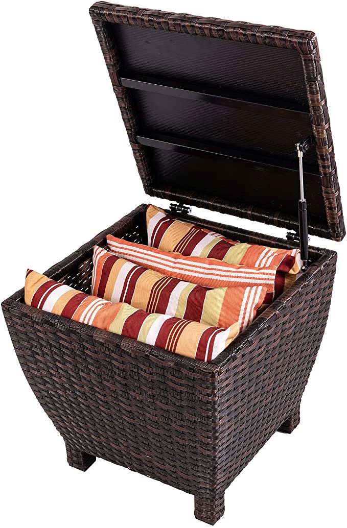 Sundale Outdoor Small Deck Storage Box Outdoor with Lid, 13 Gallon Small Outdoor Bin Storage Container for Toys Cushions Towel, Patio Brown Side Wicker Table with Storage-Steel, Rattan, Square