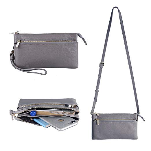 Befen Women Leather Wristlet Clutch Wallet Crossbody Wallet, Mini Crossbody Bag with Card Slots/Wrist Strap/Crossbody Strap – Gray