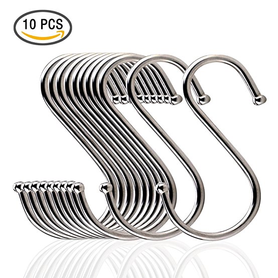 Premium Stainless Steel Metal S Hooks Kitchen Pot Pan Hanger Clothes Storage Rack Polished 10 Pcs/Pack 3 Inches Round by Freehawk, Size: L