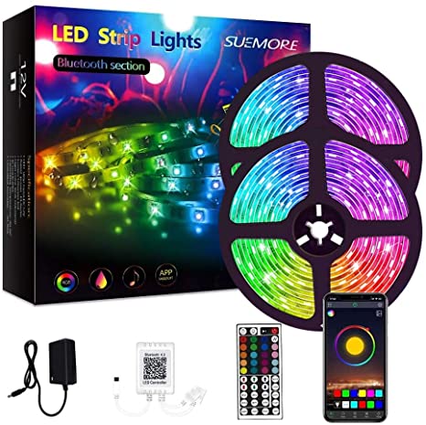 LED Strip Lights 32.8ft, SUEMORE Bluetooth IP65 Waterproof RGB Color Changing LED Light Strip Music Sync 5050 Tape Lights with 44 Keys IR Remote and App Control for Home Party Bedroom Bar Decor