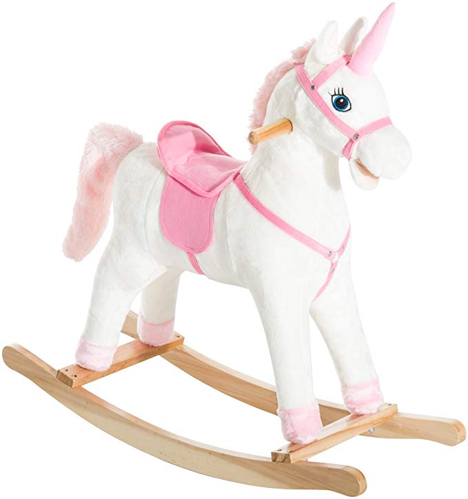 Qaba Kids Metal Plush Ride-On Unicorn Rocking Horse Chair Toy with Realistic Sounds, Pink