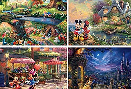 Ceaco Thomas Kinkade The Disney Collection 4 in 1 Multipack Alice in Wonderland, Mickey & Minnie Mouse, The Beauty and The Beast Jigsaw Puzzles, (4) 500 Pieces